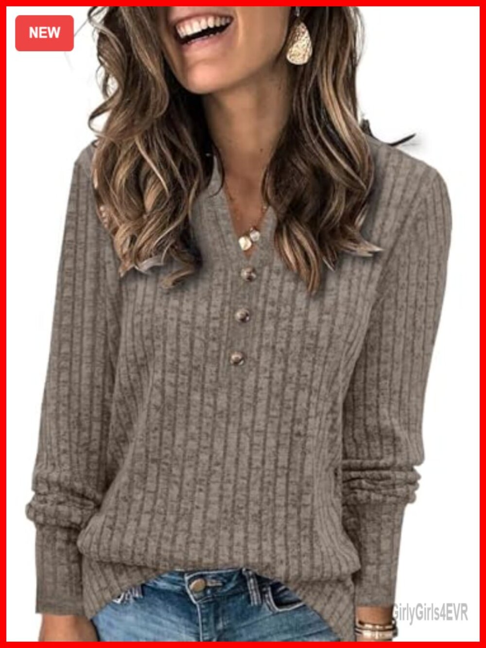 Henley Neck Long Sleeve Sweater Pullover Loose Knit Fall Top